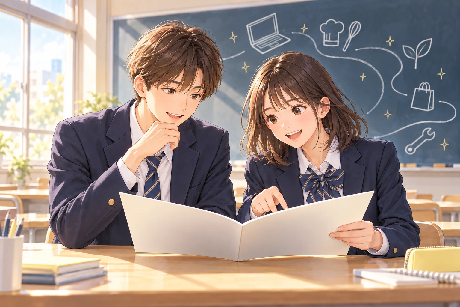 パンフレットを読みながら仕事を考える高校生たちのイラスト。